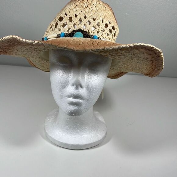 100% Paper Cowboy Hat w/ Turquoise & Brown Band. Beige. OSFM. - Picture 1 of 9